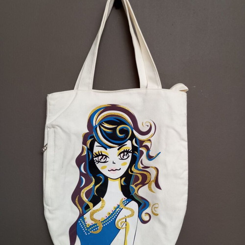 Canvas tote bag with zipper, shoulder bag, white with glitter illustration