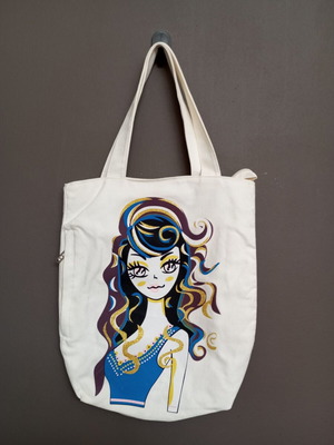 Canvas tote bag with zipper, shoulder bag, white with glitter illustration