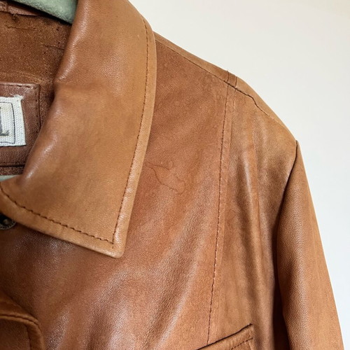 Lapel leather jacket used, brown, size medium