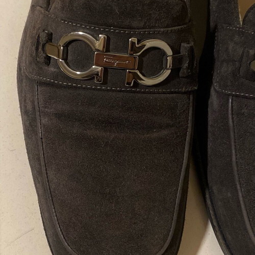 Salvatore Ferragamo gray moccasins like new with silver buckle