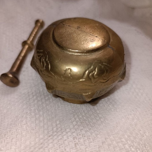 Brass mortar with pestle used, handmade, 1950s vintage