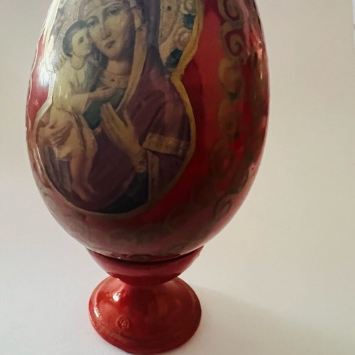 Handmade wooden decorative red egg like new with image of Virgin Mary