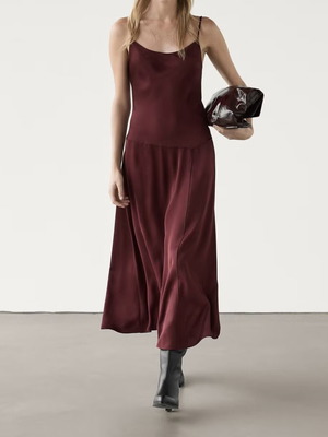 Massimo Dutti Βουργουνδί Σατέν Φόρεμα Καινούργιο με Ετικέτες, Μέγεθος S/M