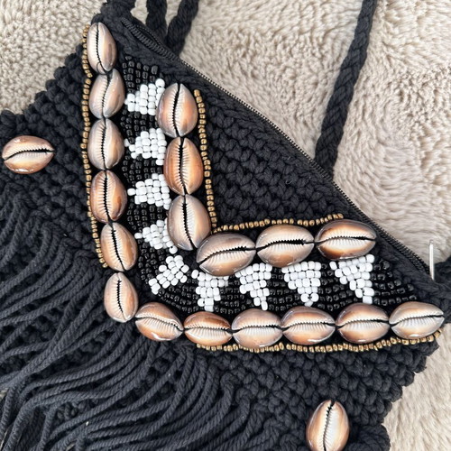 Boho Handmade Crochet Crossbody Bag with Shells and Fringe Black