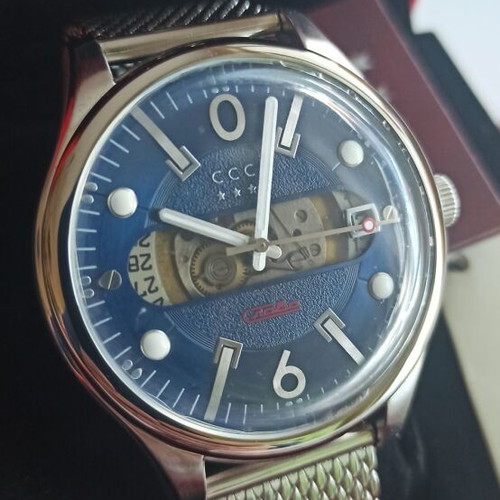 Slava men's automatic watch new, blue dial, stainless steel