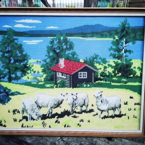 Vintage handmade tapestry used, framed, 64x50 cm