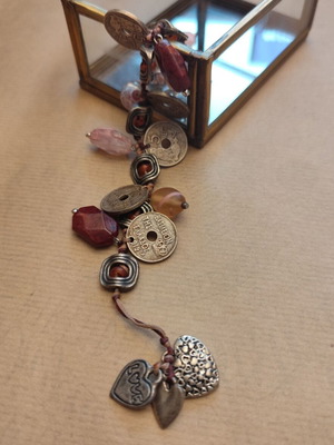 Handmade bracelet like new with coins, stones and hearts pink-silver