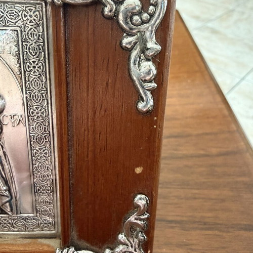 Icon of Saint Stylianos in wooden frame with metal decorations like new