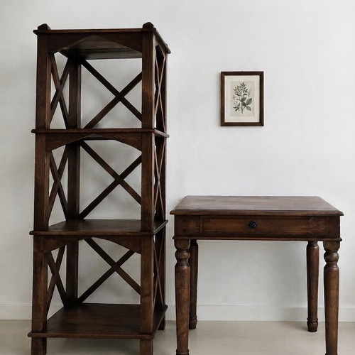Monastic solid wood dining table with 6 leather chairs and carved coffee table