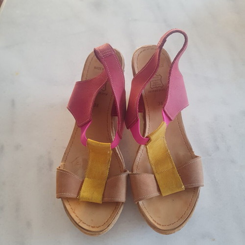 Leather sandals size 38 like new, beige yellow and fuchsia