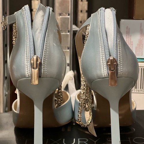 Iris luxury satin baby blue pumps 10cm like new with ankle strap