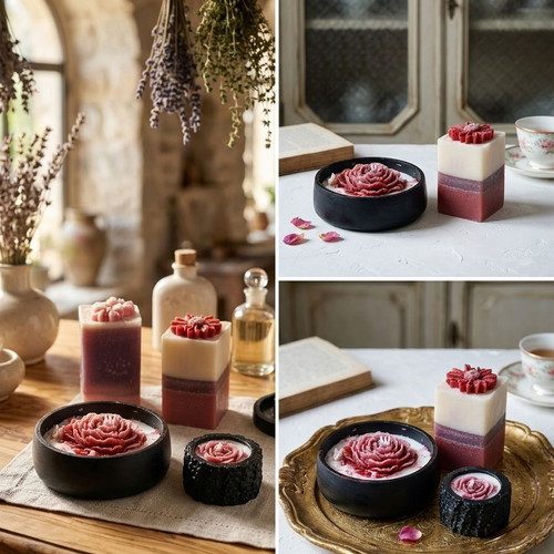 Handmade decorative candles with wax art
