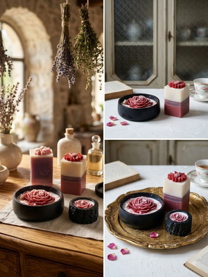 Handmade decorative candles with wax art