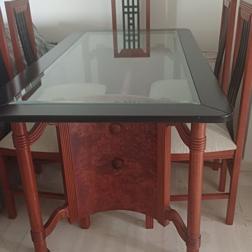 Walnut dining set with 6 chairs, glass top