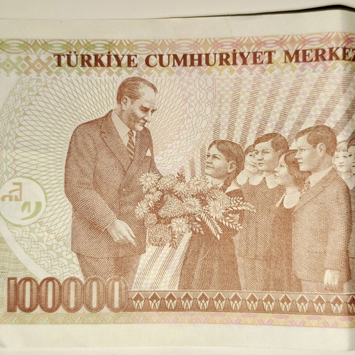 Set of 5 used Turkish 100,000 Lira collectible banknotes
