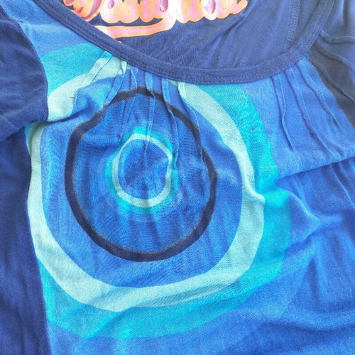 Desigual vintage stretch blouse with turquoise circle print, size small