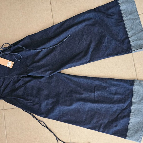 Meet to you Wide Leg Denim Jeans with Adjustable Waist, New, Blue