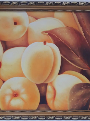 Decorative print painting with peaches in ornate frame, like new