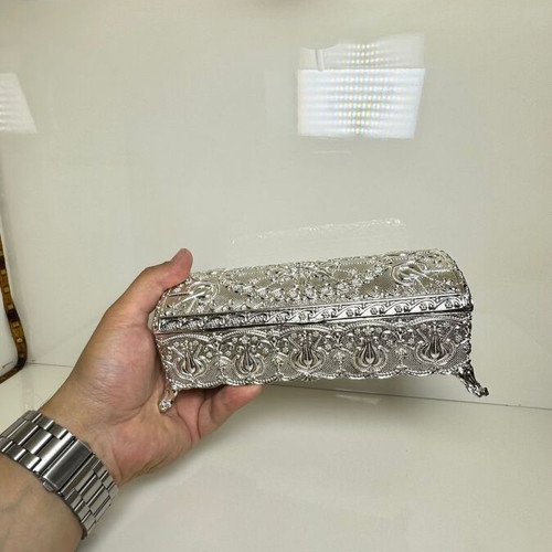 Metallic Ornate Jewelry Box with Oriental Embossed Design and Velvet Lining