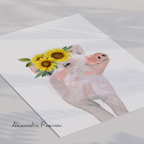 Piglet poster with sunflowers new for kids room decor