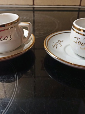 Vintage personalized porcelain Greek coffee cups set of 2 like new