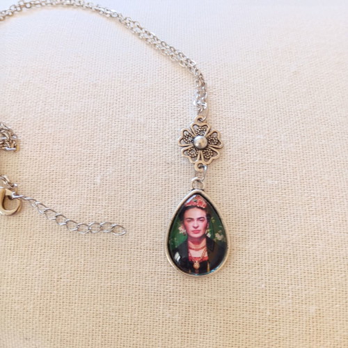 Frida Kahlo statement silver tone necklace with tear-shaped pendant