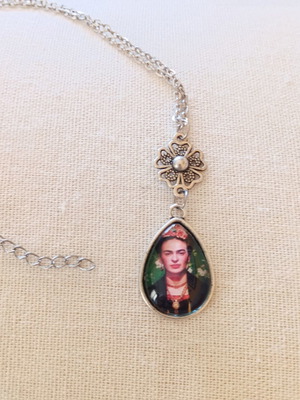 Frida Kahlo statement silver tone necklace with tear-shaped pendant