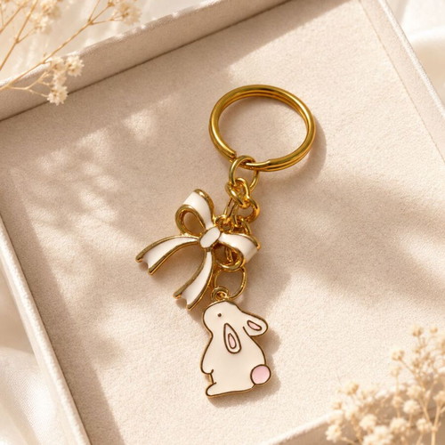 Golden Bunny & Bow Handmade Keychain New, White