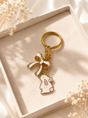 Golden Bunny & Bow Handmade Keychain New, White