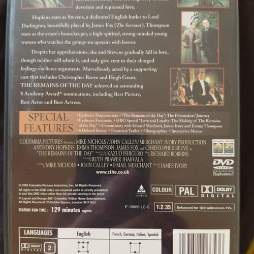 The Remains of the Day DVD by James Ivory, drama romance