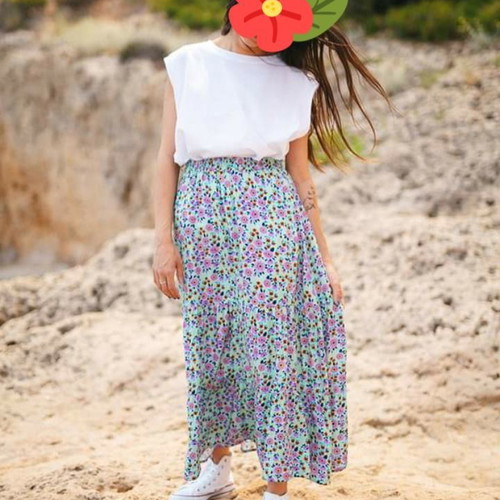 Badila midi skirt printed used, one size with ruffles and elastic waist