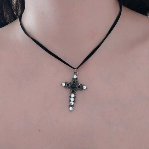 Carved vintage cross with rhinestones used and velvet strap