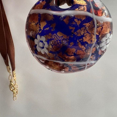 Murano pendant used blue with gold and amber leaf