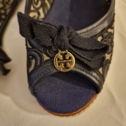 Tory Burch Peep Toe Espadrilles Like New, Leather, Size 39, Blue