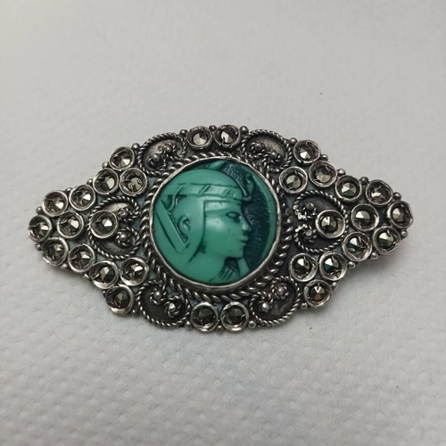 Vintage Silver Brooch with Green Cameo used, neoclassical style