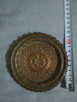 Handmade copper decorative plate refurbished, diameter 12 cm