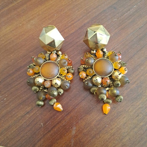 Vintage Italian long earrings with clips and topaz coral beads