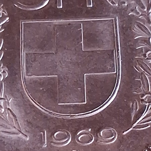Switzerland 5 Francs 1969 B silver coin used, 835‰ silver