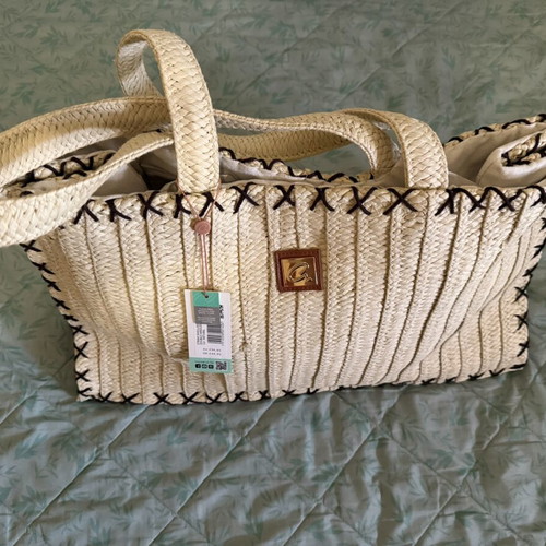 Axel straw shoulder bag, beige with black details