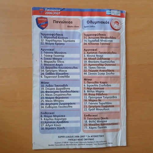 Match Program Panionios-Olympiakos 27.08.2006 used