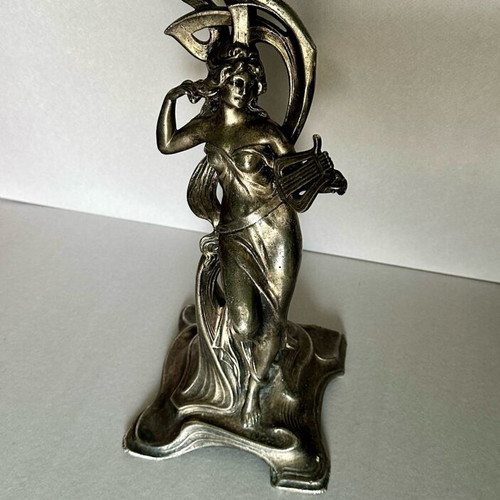 Antique Art Nouveau Metal Candlestick with Female Muse and Lyre used