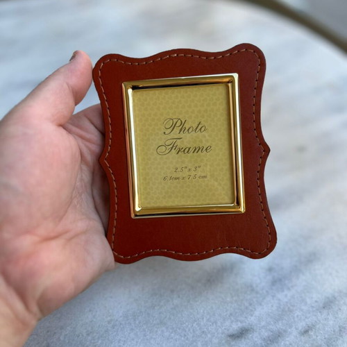 Mini Genuine Leather Photo Frame with Gold Metal Border