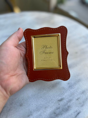 Mini Genuine Leather Photo Frame with Gold Metal Border
