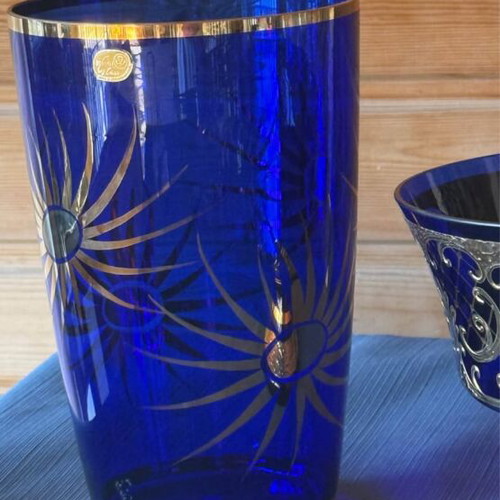 Crystal vase and fruit bowl blue with gilded details used