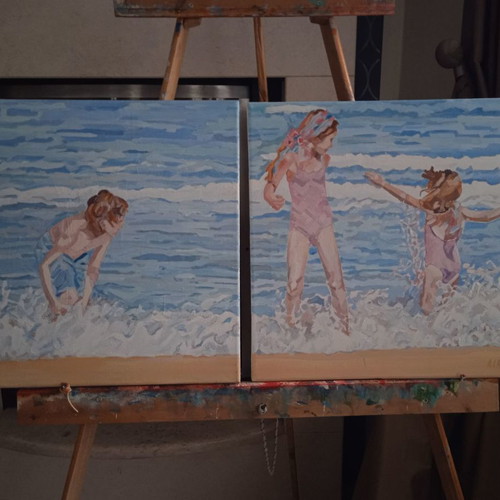 Diptych painting Playing with the Waves No2 new, acrylic 40x40 cm (x2)