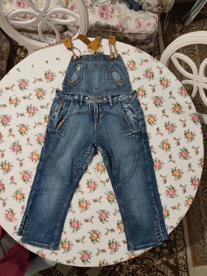 Phard denim overalls like new, blue, leather straps, 7/8 length
