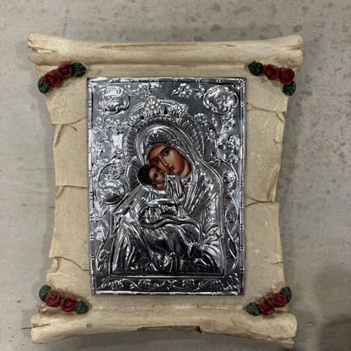 Vintage Virgin Mary with Christ Child embossed metal icon