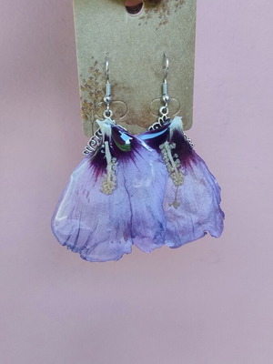 Floral earrings handmade with hibiscus petals purple