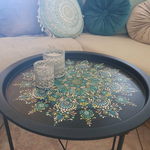 Handpainted Bohemian Style Round Table with Foldable Legs