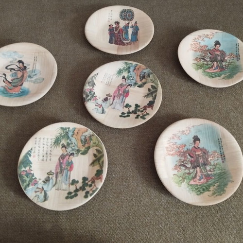 Vintage bamboo decorative plates set of 6, 11cm, like new